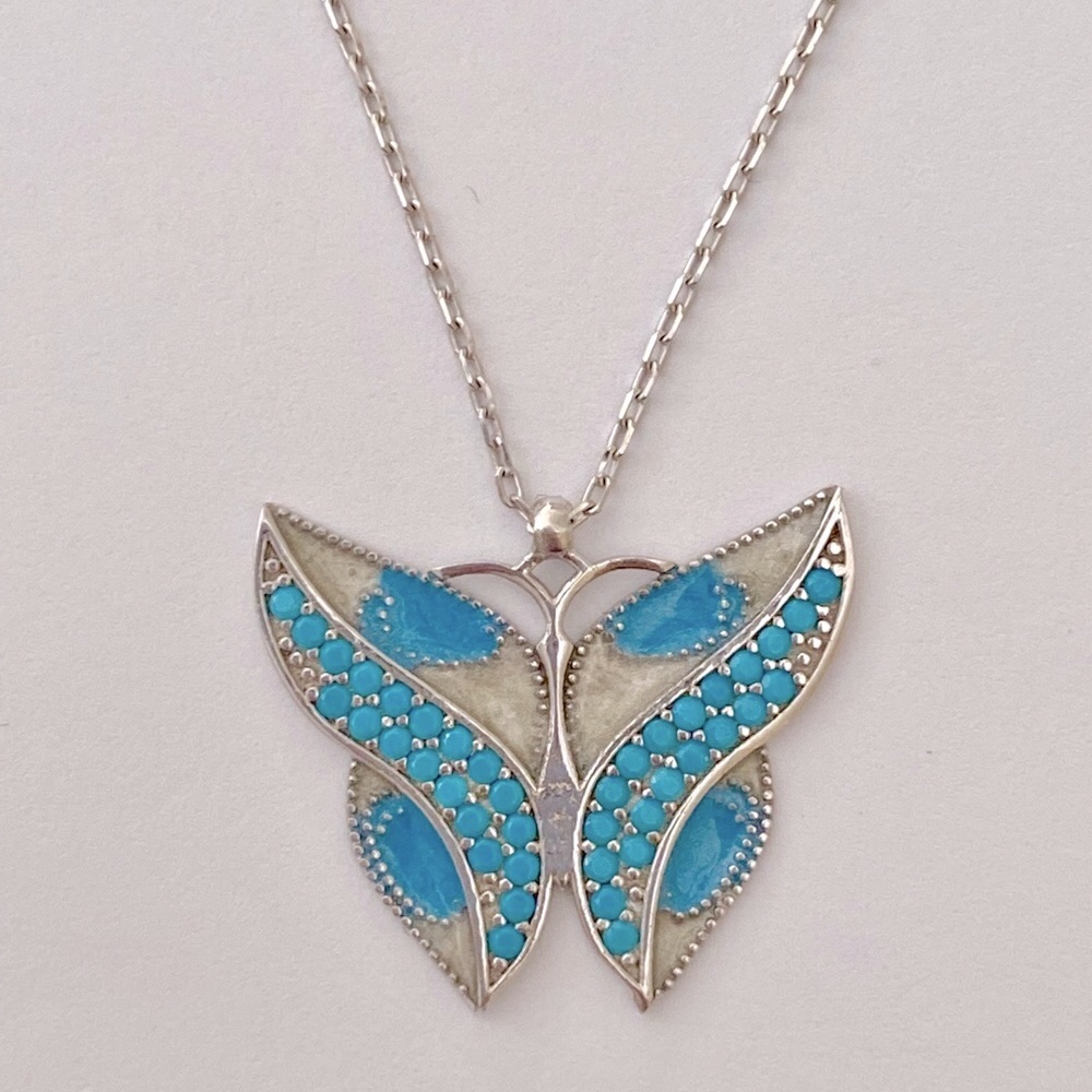 🦋 925 Silver butterfly necklace enamel turquoise - Picture 4 of 4